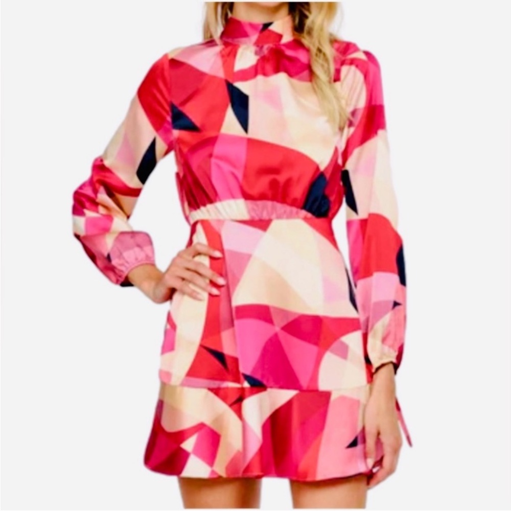 Pants Store DRESS Size LARGE Colorful Geometric Artsy Pink Red Mini Bow Tie